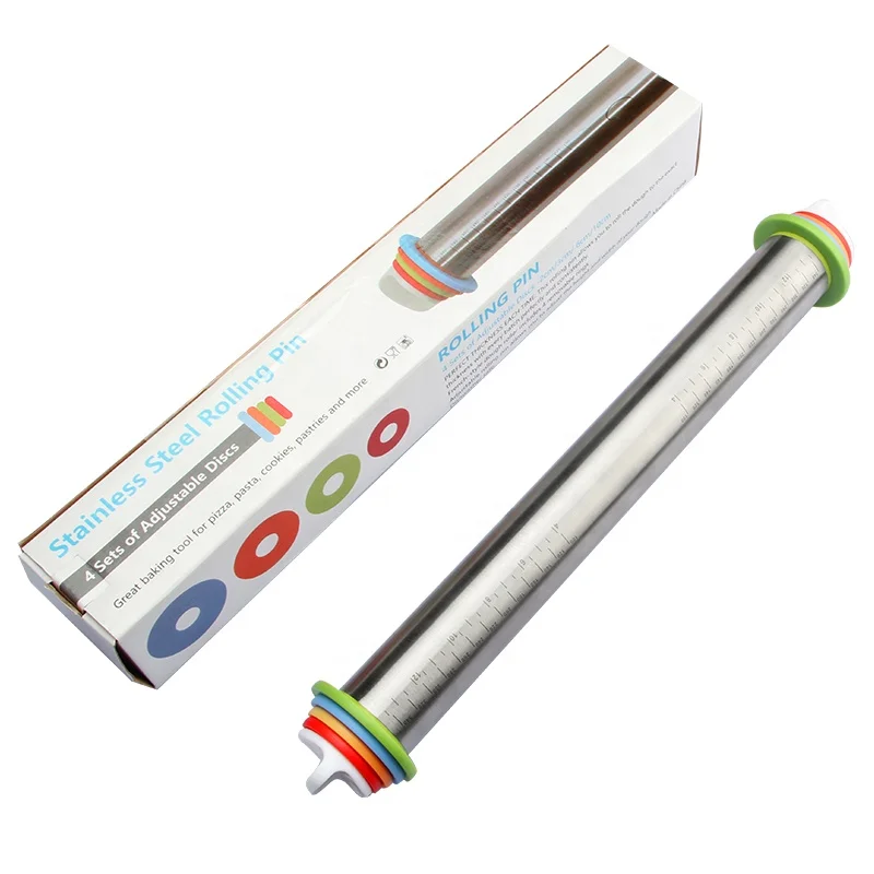 New product Height adjustable stainless steel rolling pin with 4 removable thickness
