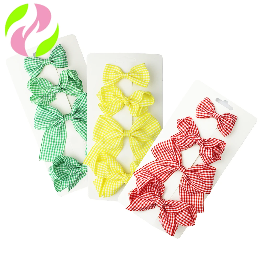 HCArtware Amazon Hot Sale Plaid Pattern Sweet Hair Bow Pastoral Style 4 Piece Suit Girls Hair Clips Country Style Kids Hair Bow