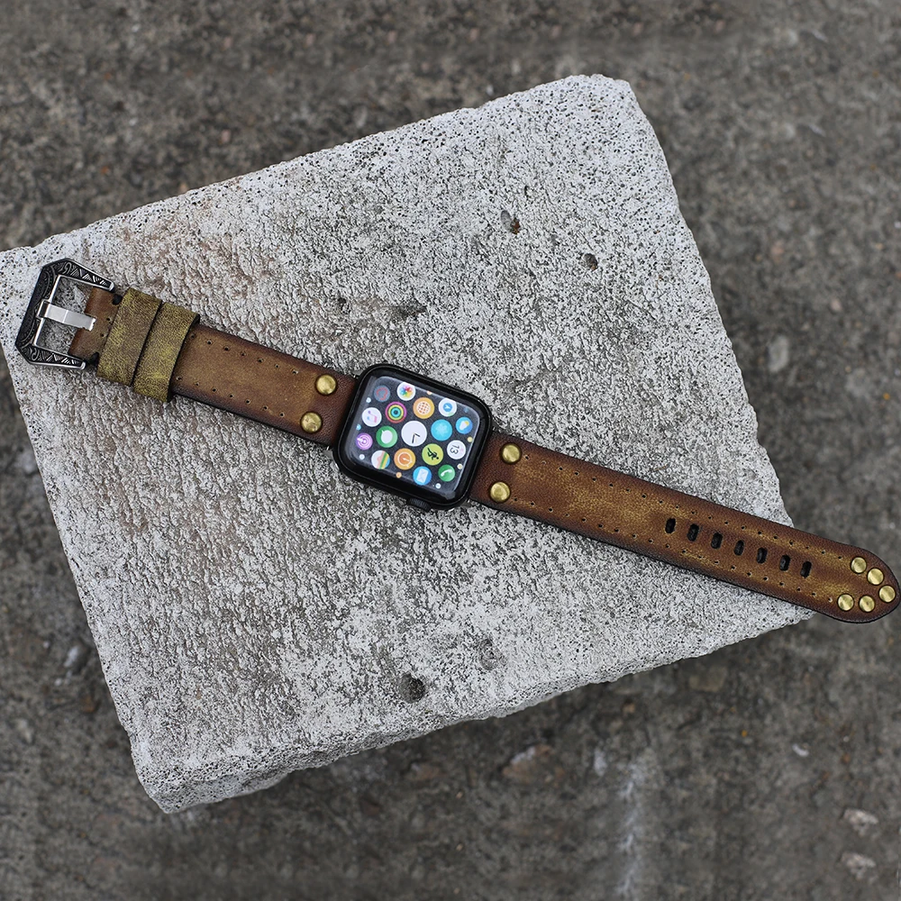Classical Soft Leather Watch Strap With Rivets Vintage Watchband With Carved Buckle #C for Smart Watches