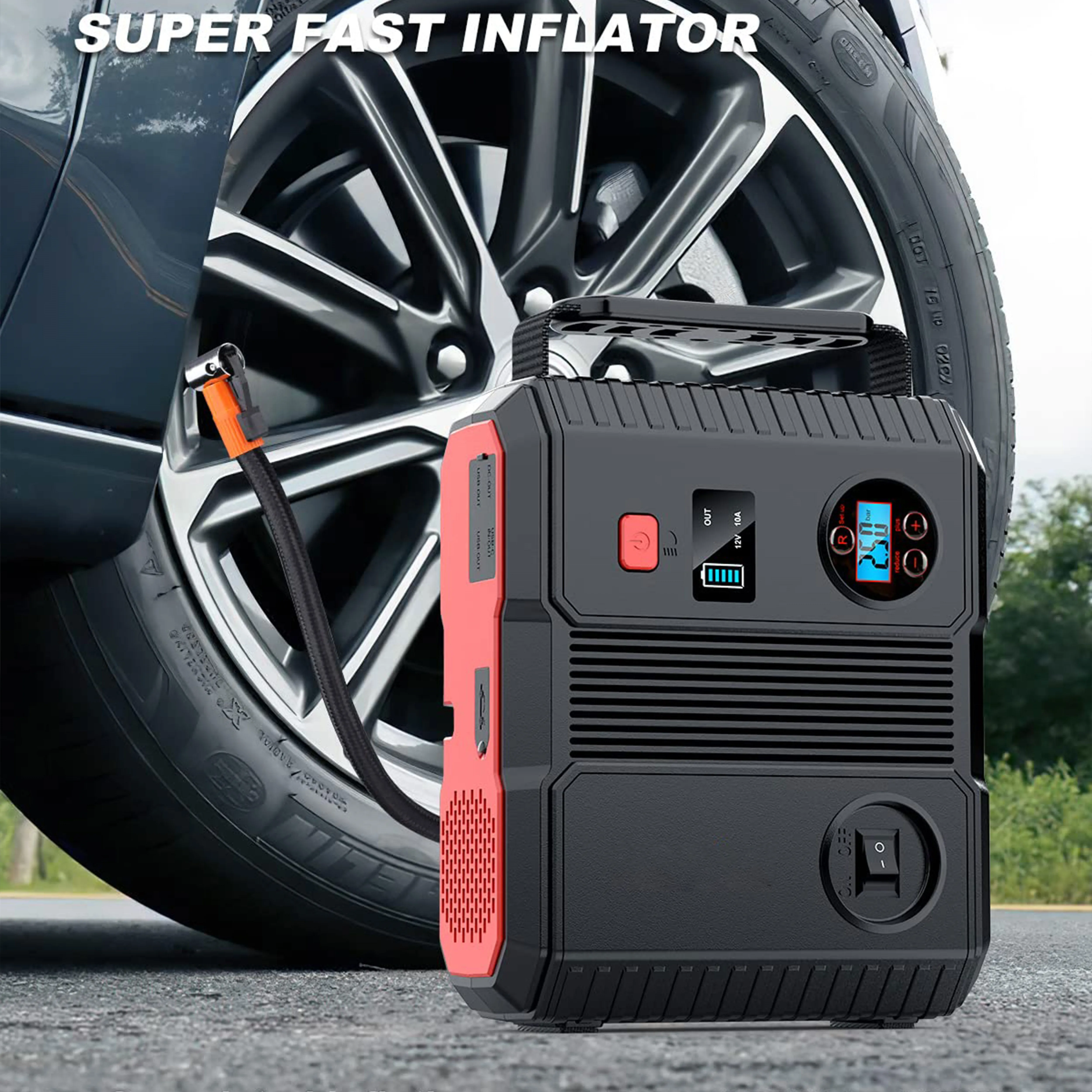 Car Jump Starter With Air Compressor 2000A Peak 23800 Mah 12V Flashlight Portable Car Jump Start With Air Compressor