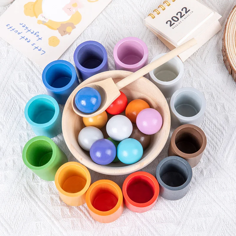 Wooden Rainbow Toy Balls Clip Color Sorting and Counting toys Balls in Cups Large Montessori Toy Wooden Sorter Game 12 Balls