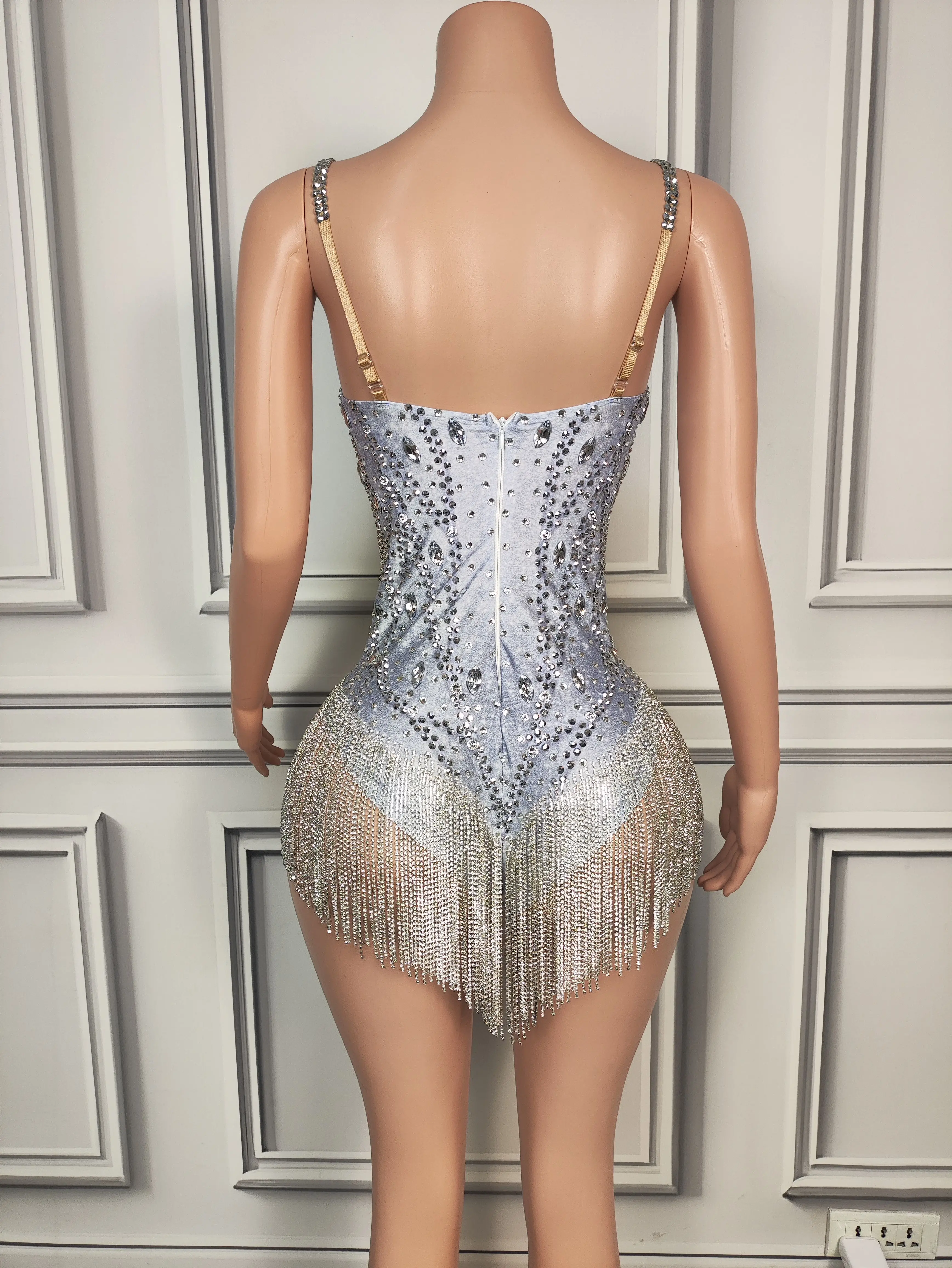 Sexy Silver Rhinestone Chains Tassel One Piece Jumpsuit Women Pole Dance Leotard Show Festival Outfit Stage Performance Bodysuit