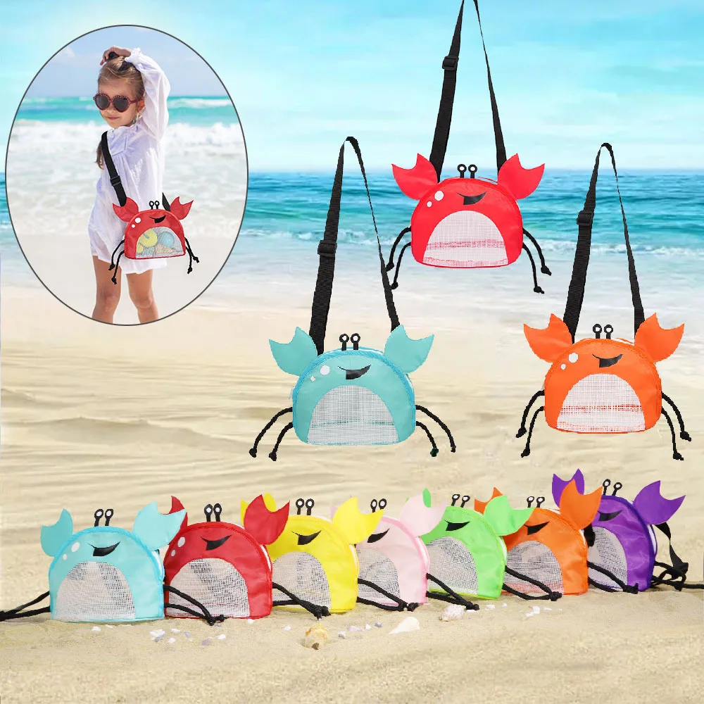 Mesh Beach Bag for Kids Shell & Pebble Collection Bag with Zipper Cute Crab Seashell Beach Play Storage Bag