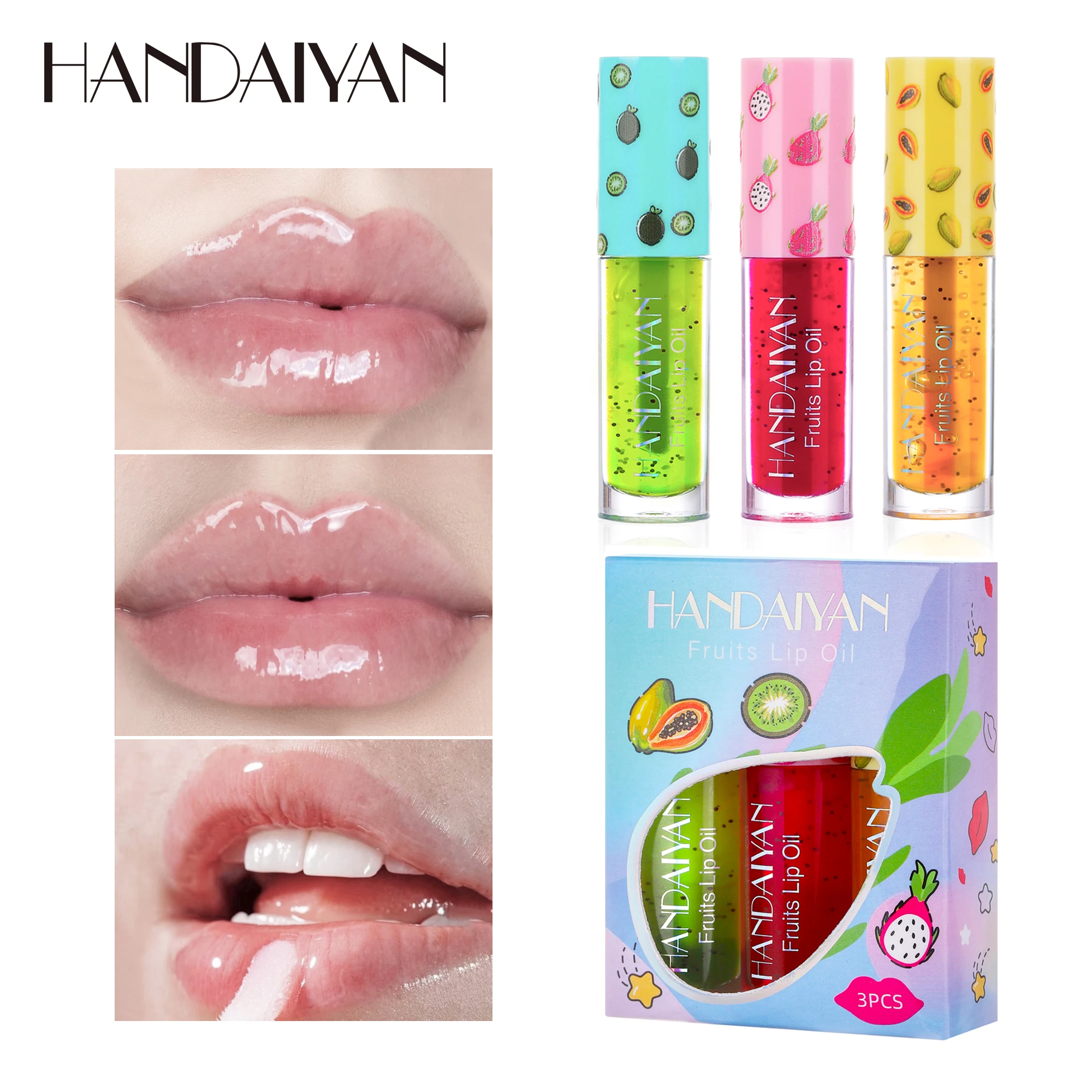 HANDAIYAN Moisturizing Fruit Lip Oil Light-colored Lip Balm 3 Pcs Set Vegan Formula Makeup Cosmetics