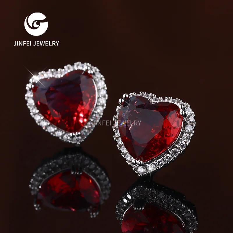 Hot Sale Red heart Shape Large Gemstones Ear Stud Silver Plated Jewelry Earrings