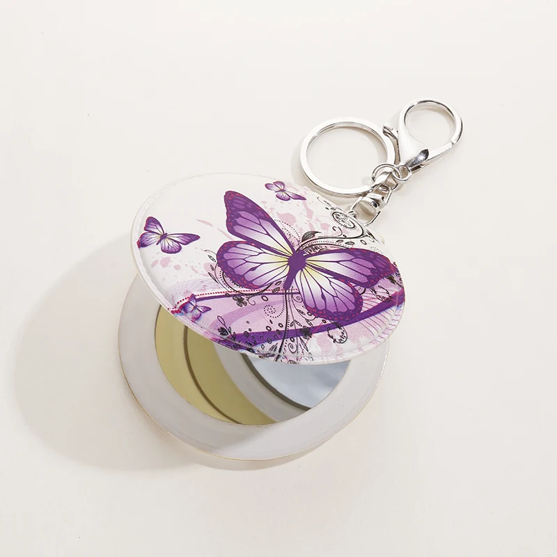 wholesale portable round leather pocket compact mirror keychain for girls