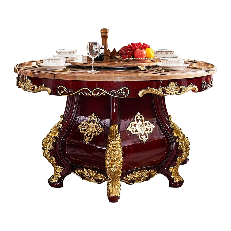 European neoclassical red sandalwood painted gold dining table chairs combination turntable dining set American Villa