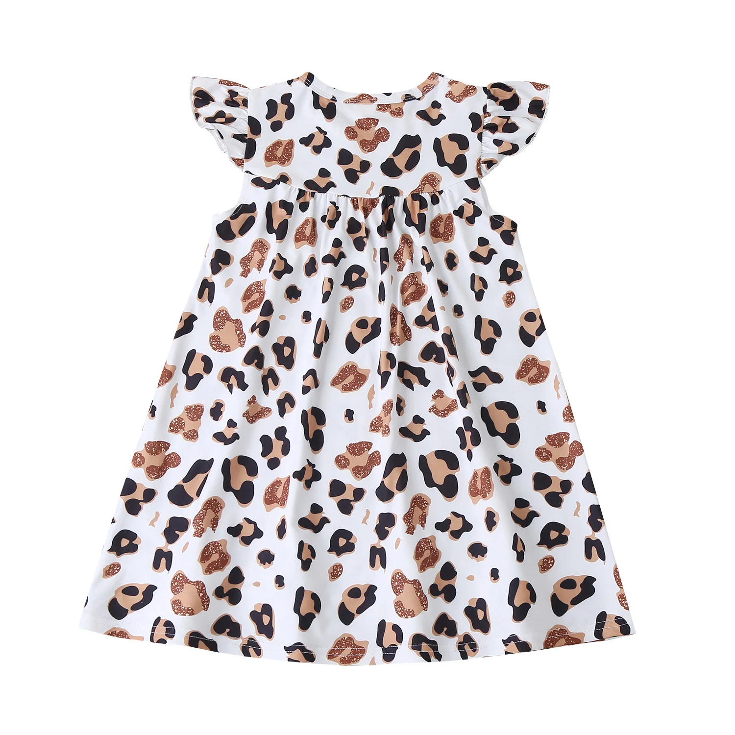 
2021 Hot Selling Fashion Short Fly Sleeve Leopard Print Girls Princess Dress Round Neck Cotton Kids Clothes Children Wear 