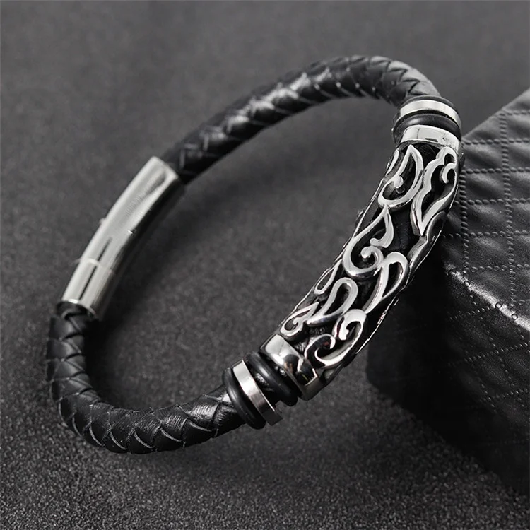 China Online Shopping Mens Stainless Steel Bead Charm Genuine Braided Luxury Leather Bracelet
