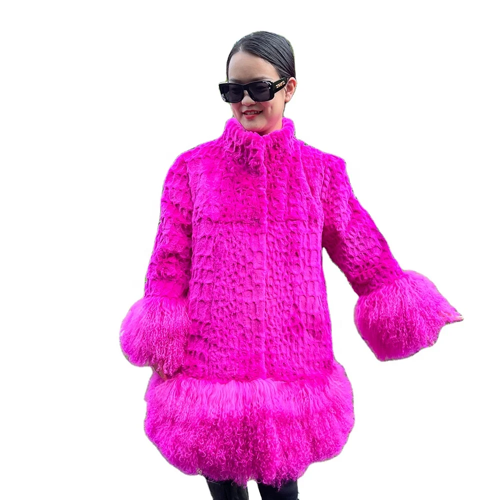 Women Fashionable Fuchsia Color Rex Rabbit Fur Jacket Real Fur Coat with Lamb Fur Stand up Collar Wholesale Price From Factory