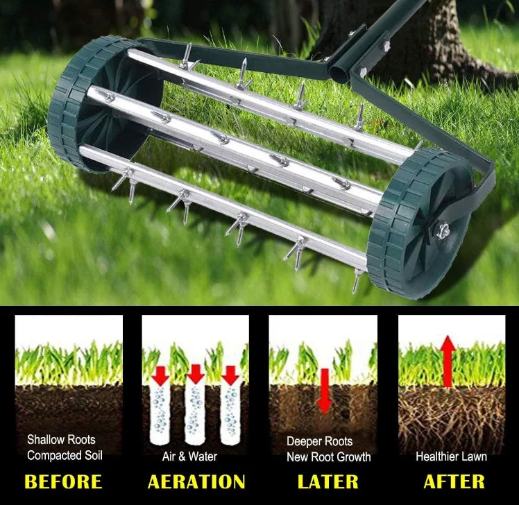Heavy Duty Spike Soil Aeration Lawn Aeration Home Grass Steel Handle Rolling Lawn Aerator for Lawn Garden Yard