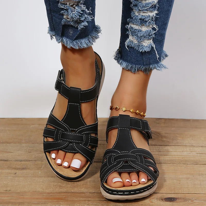 Summer retro plus size car line solid color light round head wedge Roman sandals women Water Shoes Hiking Leather Beach sandals