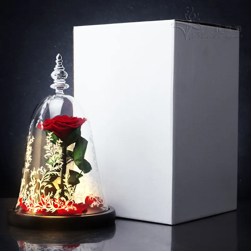 Rose Beautiful Artificial Red Eternal Rose Preserved Flower With Led Lights in Glass Dome for Festival or Birthday