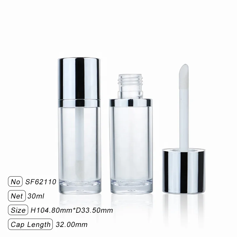 30ml Custom logo OEM Plastic Empty Cosmetic Liquid Foundation Bottle Round Silver clear Foundation Stick with Huge Brush Wand