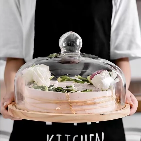 Diyue Stock 6 8 10 Inch Rubber Wood Wedding Cake Display Acacia Wood Round Wood Server Cake Stand Lazy Susan with Glass Dome