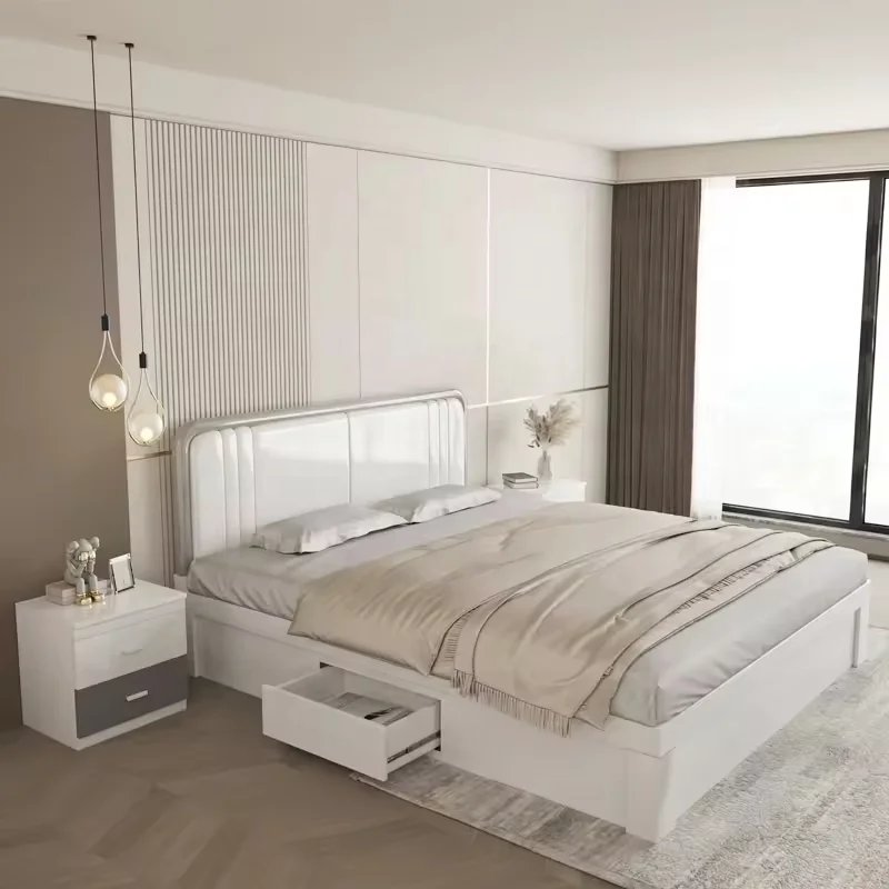 Customized white High Gloss modern bedroom furniture set Queen King Bed Night Cabinet