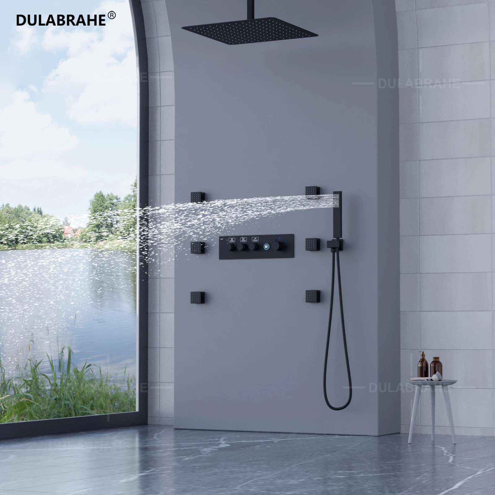 Bathroom Ceiling 10inch Shower System Rainfall Thermostatic Digital Display Concealed Shower Faucet Set