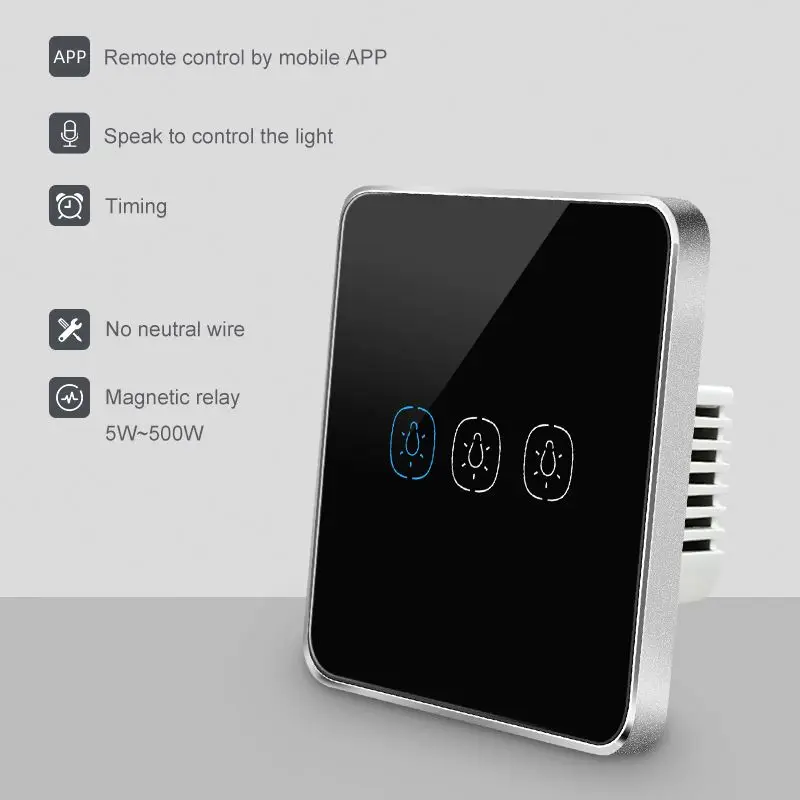 Умный выключатель Tuya Zigbee настенный сенсорный с 3 клавишами без нейтрального провода стандарт