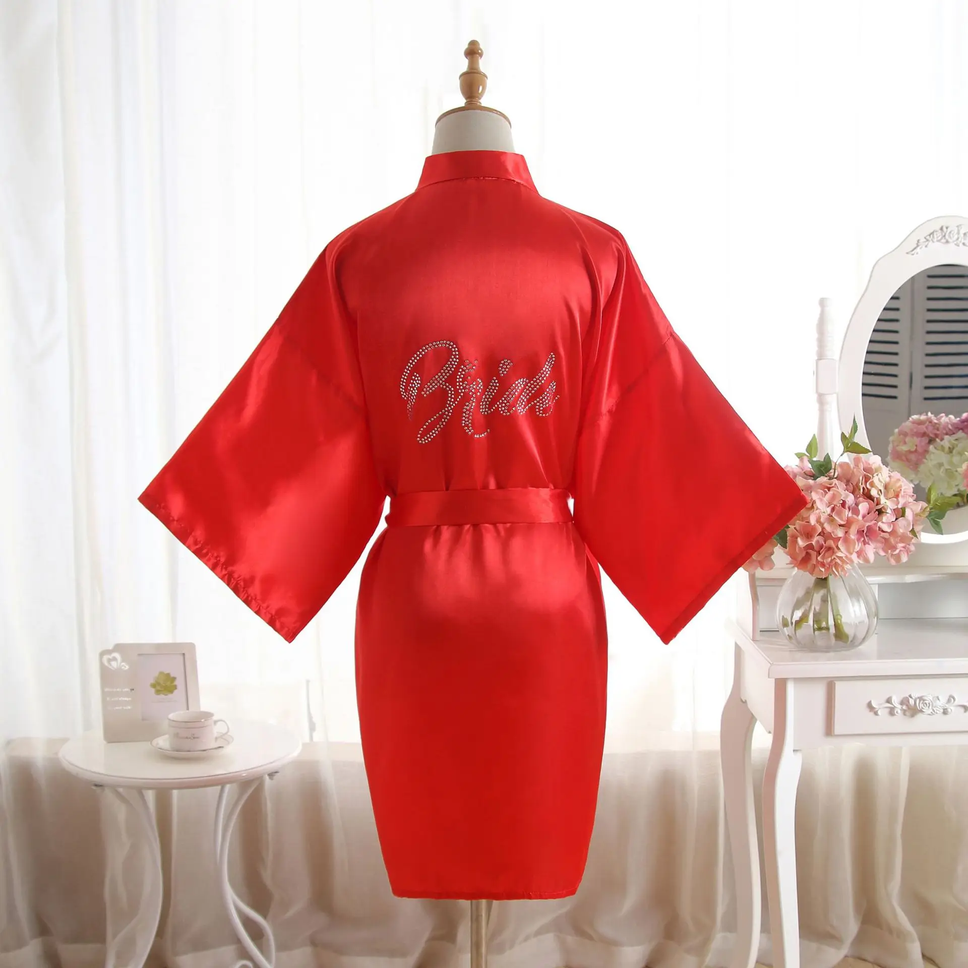 WH34-2 Sliver Glitter Font printed new Fashion wedding dress satin for bridesmaid light satin robe short sleeve robe bridal robe