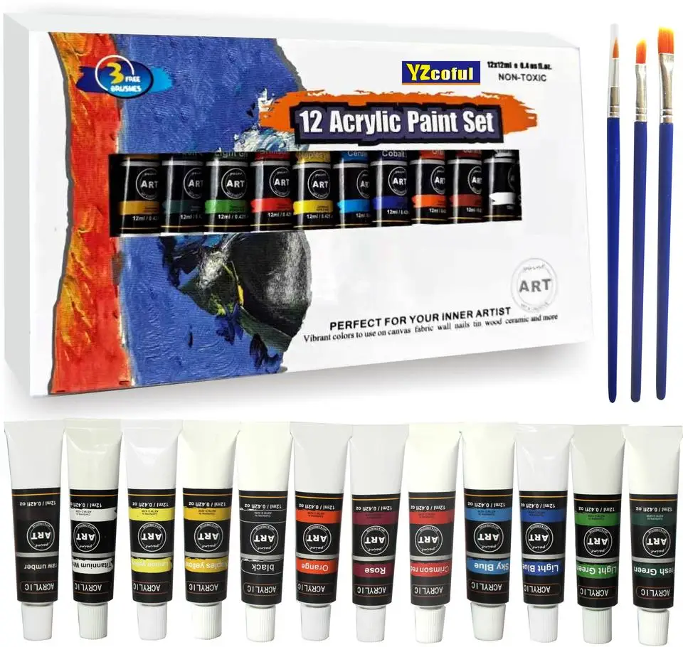 Acrylic Paint Set 12 Colors Aluminum Tubes Non-toxic Craftsmanship Rich Colors Suitable for Canvas Wood Value Painting Supplies