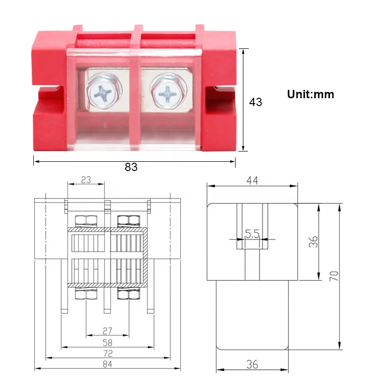 Feed Through Type Barrier Terminal Block For UPS Battery 2 Circuts Pitch 27mm Red 180A