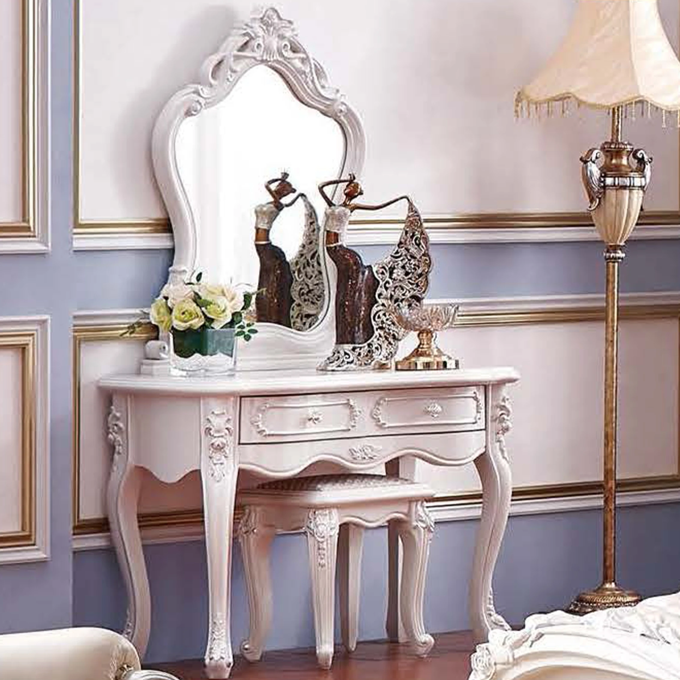 French luxury classic makeup table Solid wood bedroom dresser furniture set Storage cabinet dressing table with mirror and stool