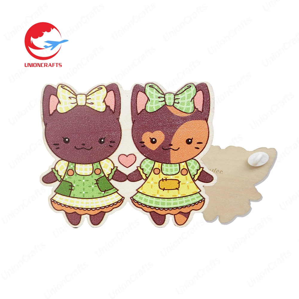 Custom UV print wood badges laser engraving souvenir wooden clothes lapel pins