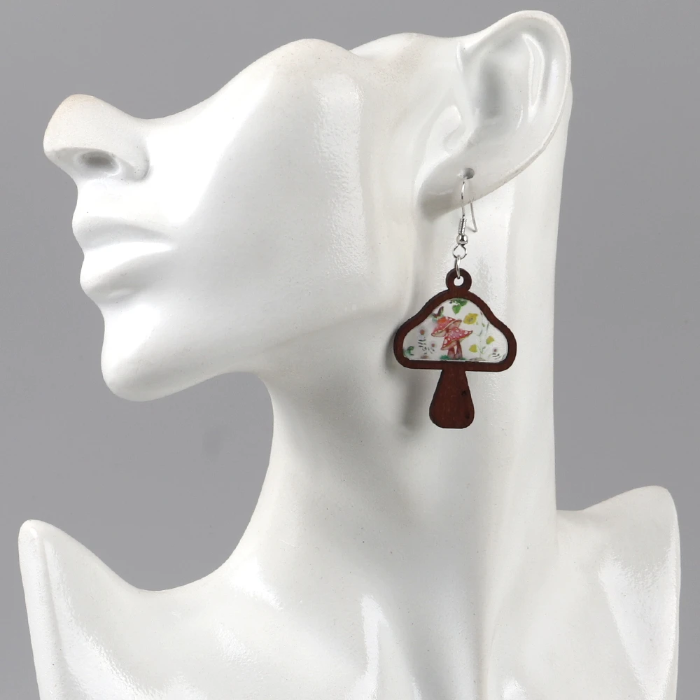 Cartoon Wood Mushroom Earrings Print Wholesale Wooden Original Forest Flowers Frog Mushroom Butterfly Clear Acrylic Custom FS