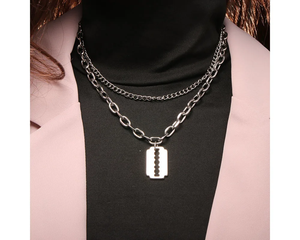 Hip Hop Style Razor Blade Pendant Double Layer Chain Necklace Men Thick Oval  Stainless Steel  Chain Necklace