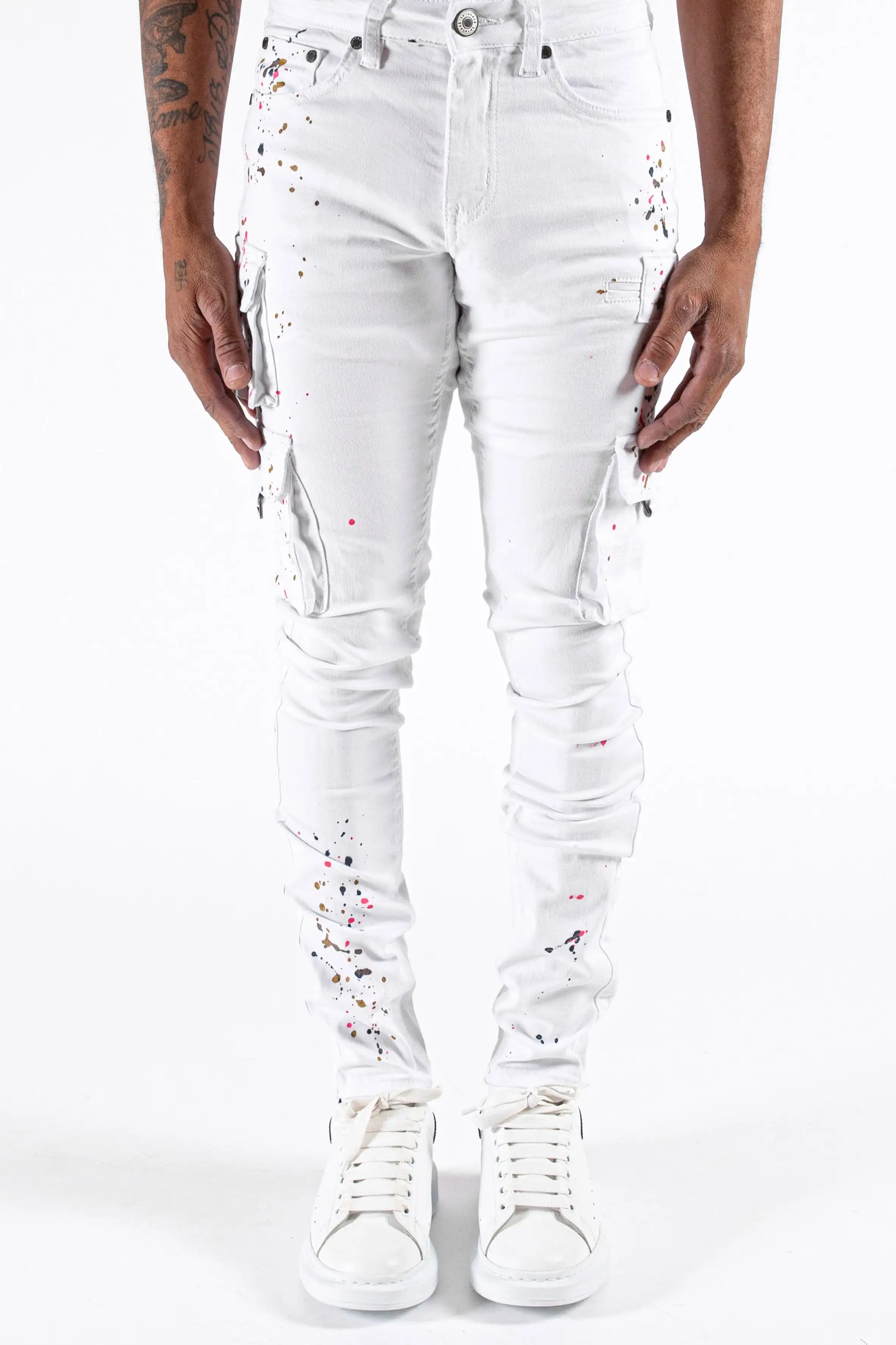 Hot selling plus size mens jeans trousers  elastic white cargo skinny denim pants juniors ripped jeans for men