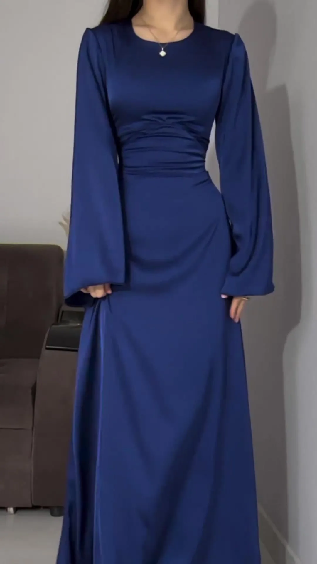 High Collar Chiffon Evening Dress A-line Sky Blue Prom Dress Long Sleeves Pleated Formal Occasion Evening Dresses For Women