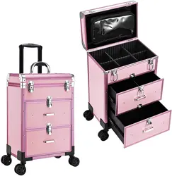 Professional Rolling Makeup Train Case with Drawers, Large Cosmetic Trolley with Locks, Cosmetics Storage Organizer Make up Case