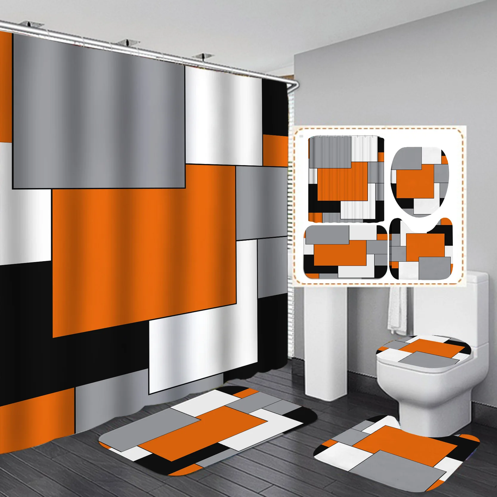Custom Shower Curtains 4pcs Set, Bath Rug Set with Non-Slip Rugs Luxury Hotel Bathroom Shower Curtain