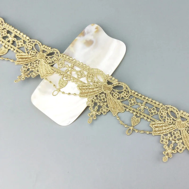 wholesale 5cm polyester golden hollowed out embroidery bow lace trim guipure fabric for wedding dresses garment JDB65