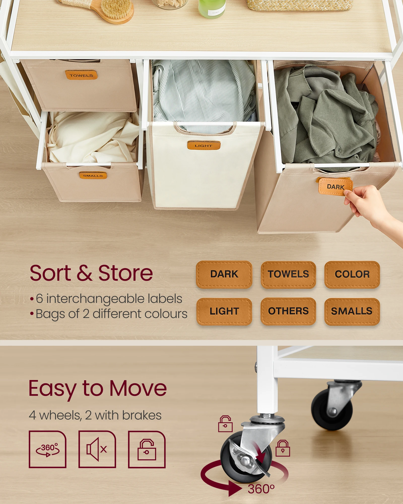 VASAGLE 4 Compartments Laundry Hamper for Bathroom Bedroom Wardrobe 4-Section Laundry Sorter Cart Laundry Basket with Wheels