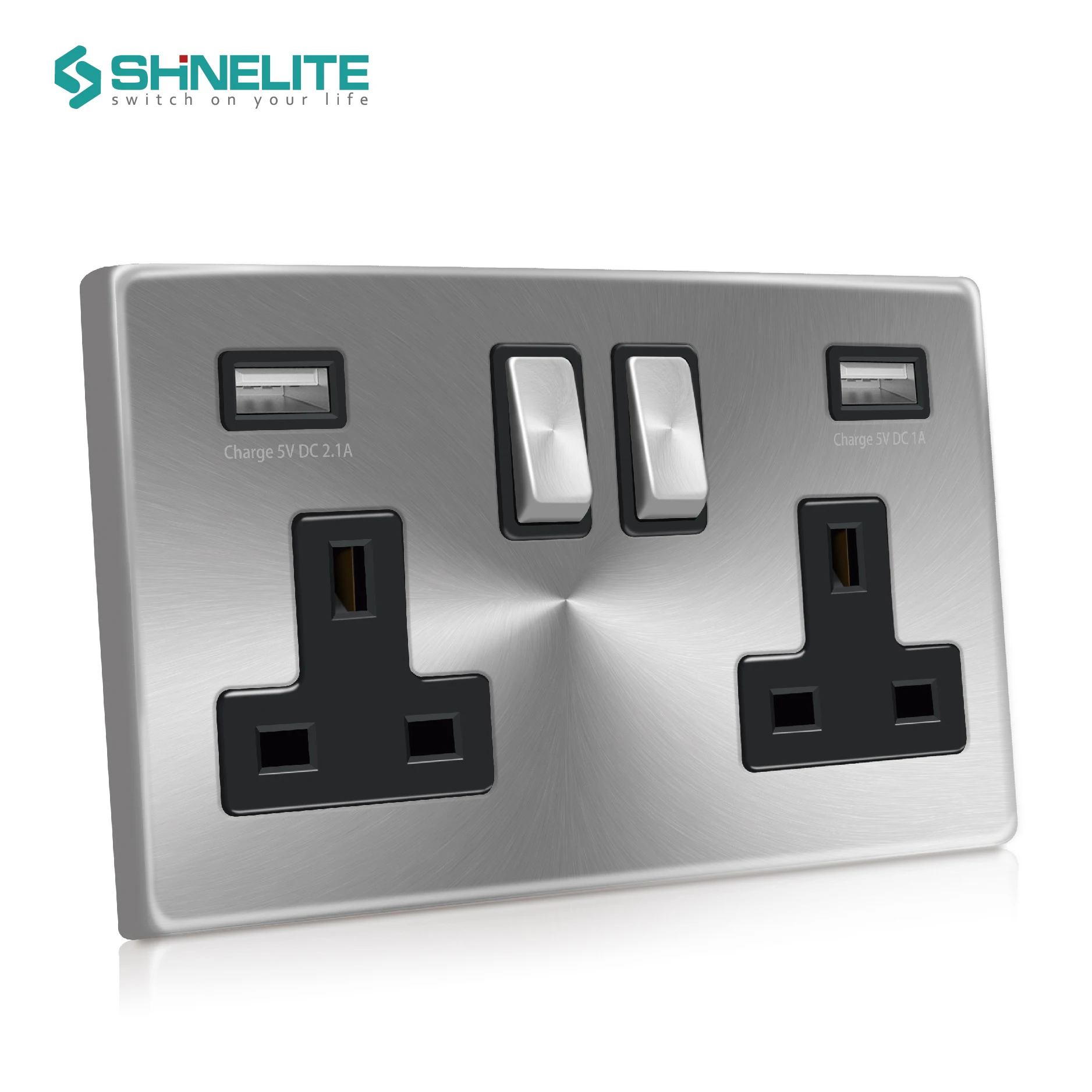 UK Metal Screwless Stainless Steel Double Wall Switch Socket USB Outlet Electrical Socket