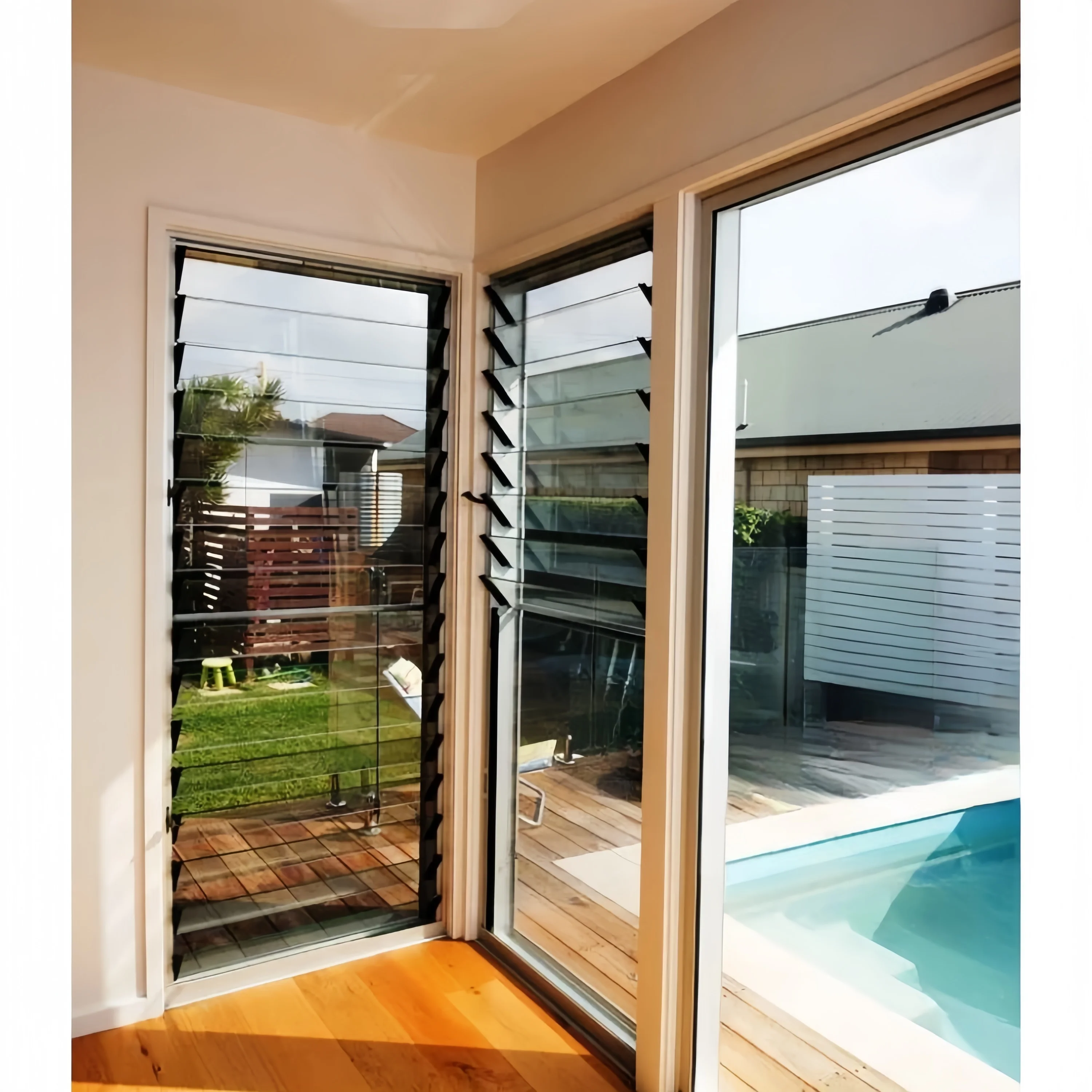 Custom America Australia Standard Hard Aluminum Tempered Insulated Fixed Glass Louver Glass Window adjustable Shutters Window