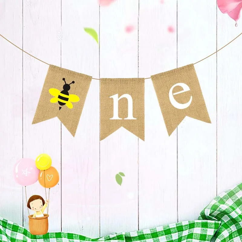 Jute Burlap Bee Themed One Highchair Hessian Banner Baby 1st Birthday Party Rustic Bunting Banner ONE Banner with Bee CUstomized