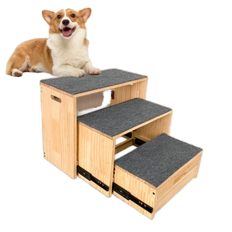 Solid Wood Dog Ramp with Fabric Cloth Travel-Feature Vertical Pull-Out Storage Bench Solid Print Foldable Dog Ramp for Bed