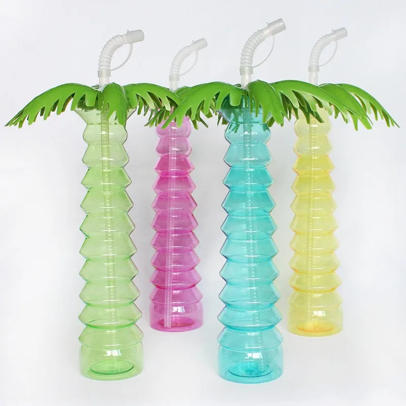 Luminous Plastic  Simulation Coco Nut plastic cups with straw 500 ml High-Capacity drinking Juice and Water
