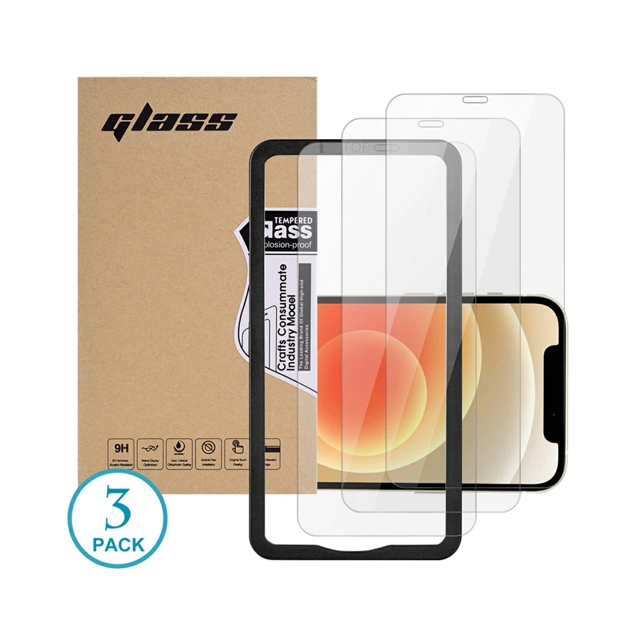 For iPhone 14 11 12 13 pro max mini tempered glass screen protector 3 pack with installation kit