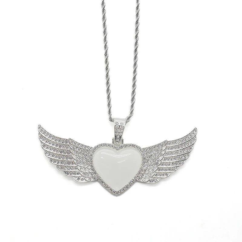 Custom Jewellery Photo Diy 2022 New Heart Angel Wing Hip Hop Jewelry Pendant Necklace Sublimation Wing Necklace Blanks