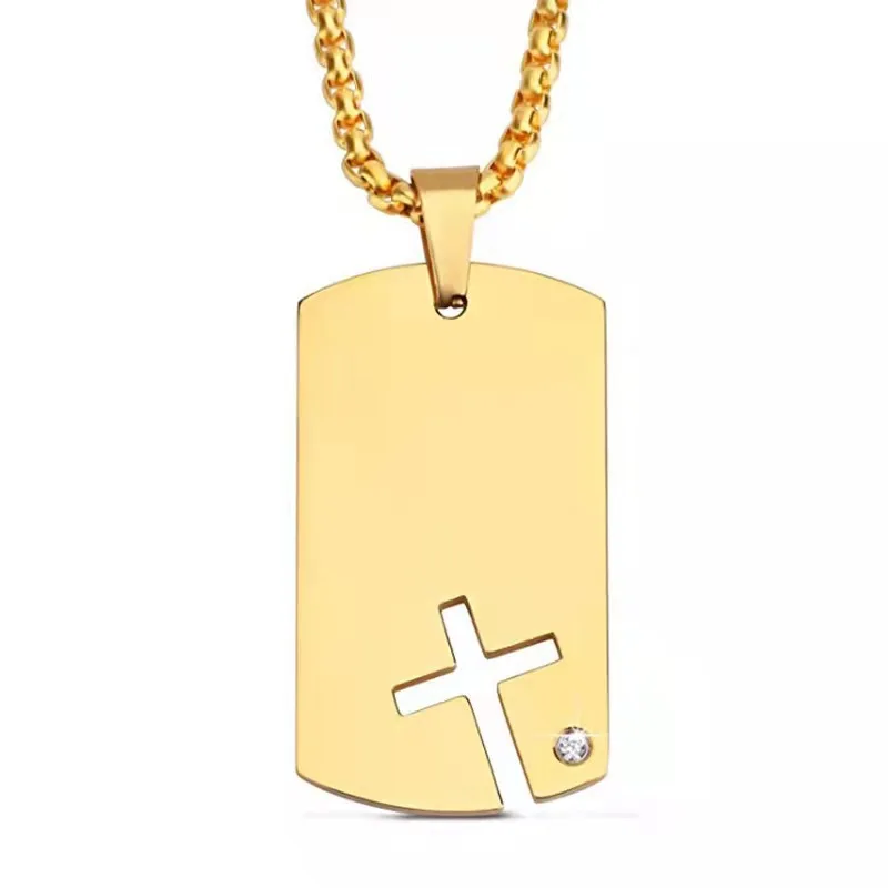 High Polished Stainless Steel Cross Jewelry  Dog Tags Pendant With Rhinestone Women Men Cross Necklace