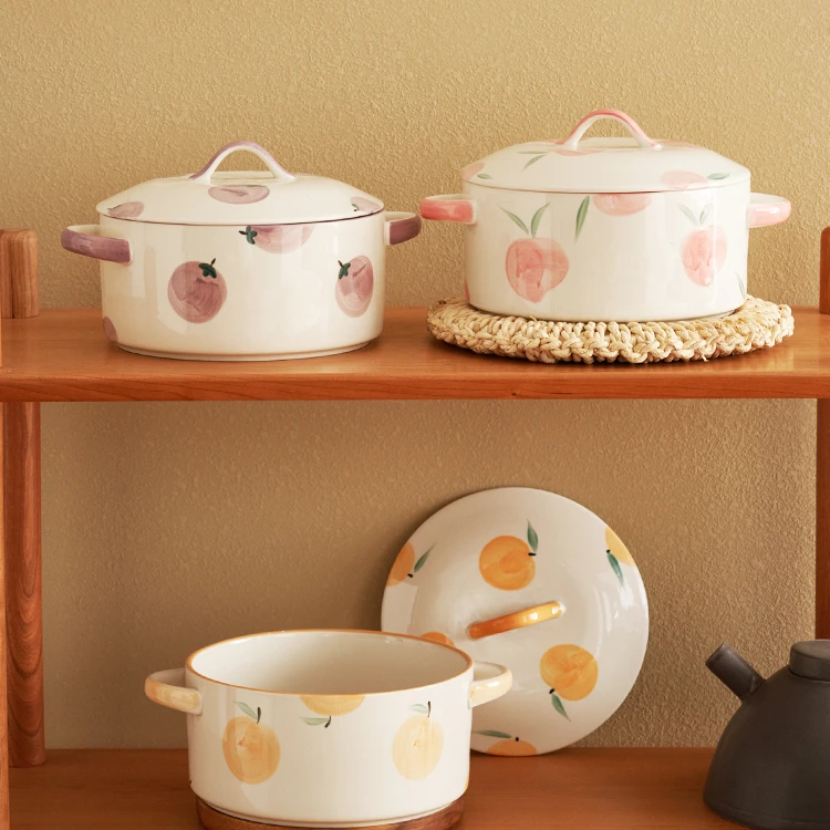 Porcelain Tableware Rice Salad Instant Noodle Binaural Serving Bowl With Lid Ceramic Soup Bowl With Handles 3250