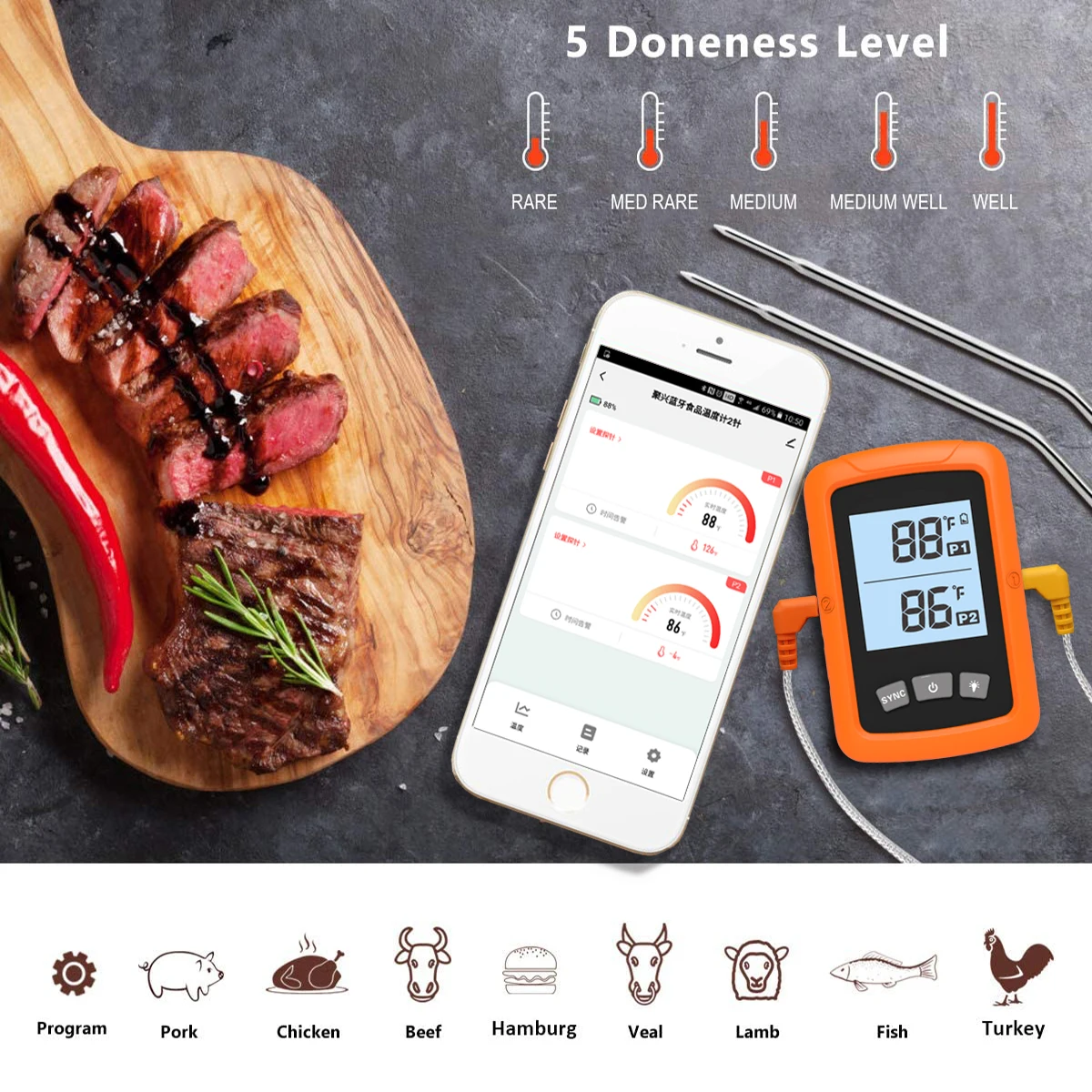 Smart APP Digital Wireless Meat Thermometer  Kitchen Cooking Food Thermometer For BBQ Oven Grill Smoke