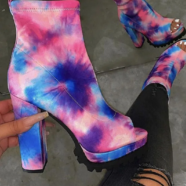 Fashion Boots Women Tie-Dyed Casual Heel Shoes Fashion Gladiator Bootie In big size 6-11