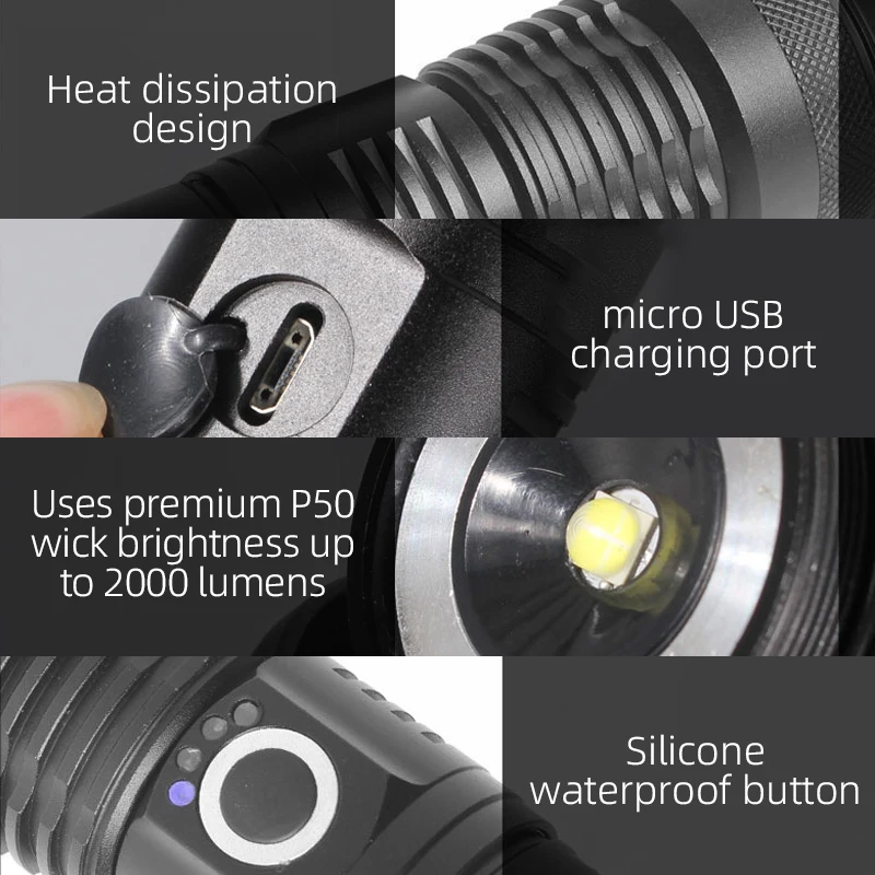 USB Charging power display Torch Light Rechargeable XHP70 Bright Tactical LED Flashlights Zoomable Torch Light