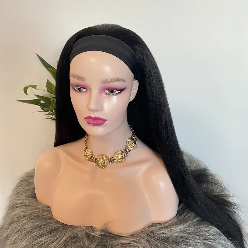 Long Kinky Straight Headband Synthetic Hair Wigs Cap For African American Women Natural Black/Red 26Inch Kanekalons Afro Wig