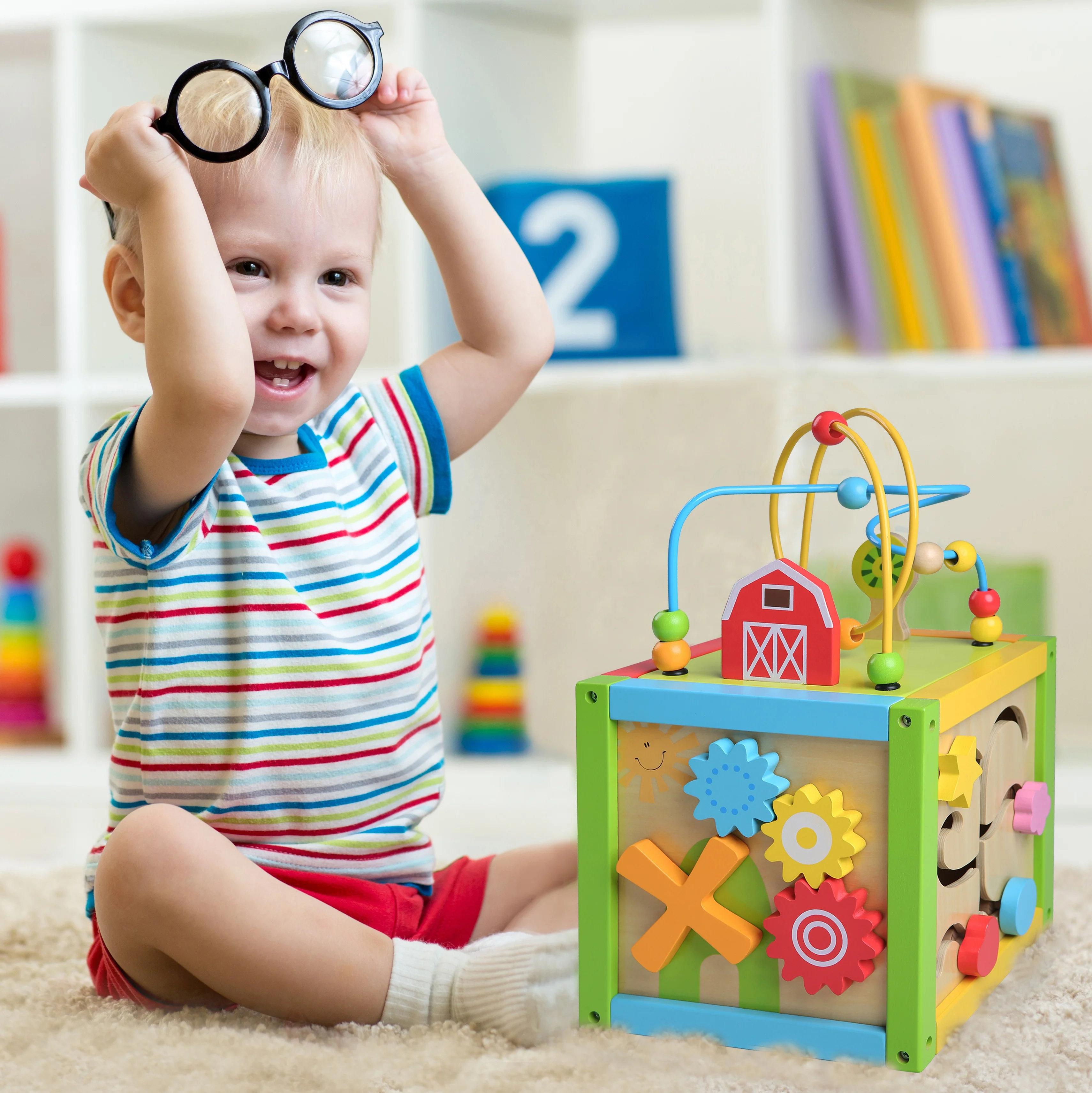 Montessori Multifunctional  Educational Toys Wooden Farm Bead Coaster Maze Activity Cube