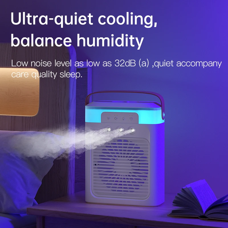 Rechargeable Portable Mini Air Conditioner Fan Desktop Misting Humidifier with Colorful Lights for Hotel Outdoor Use
